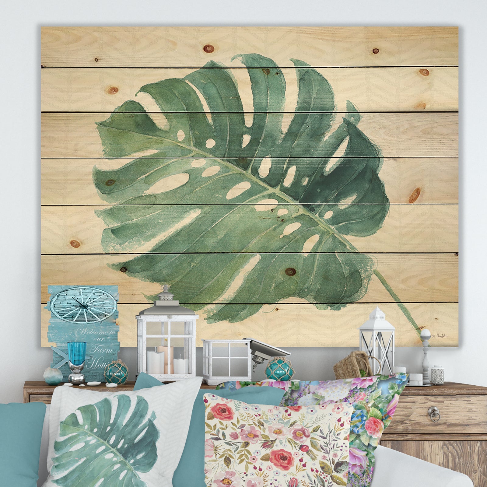 Mixed Botanical Green Leaves IV - Cottage Print on Natural Pine Wood