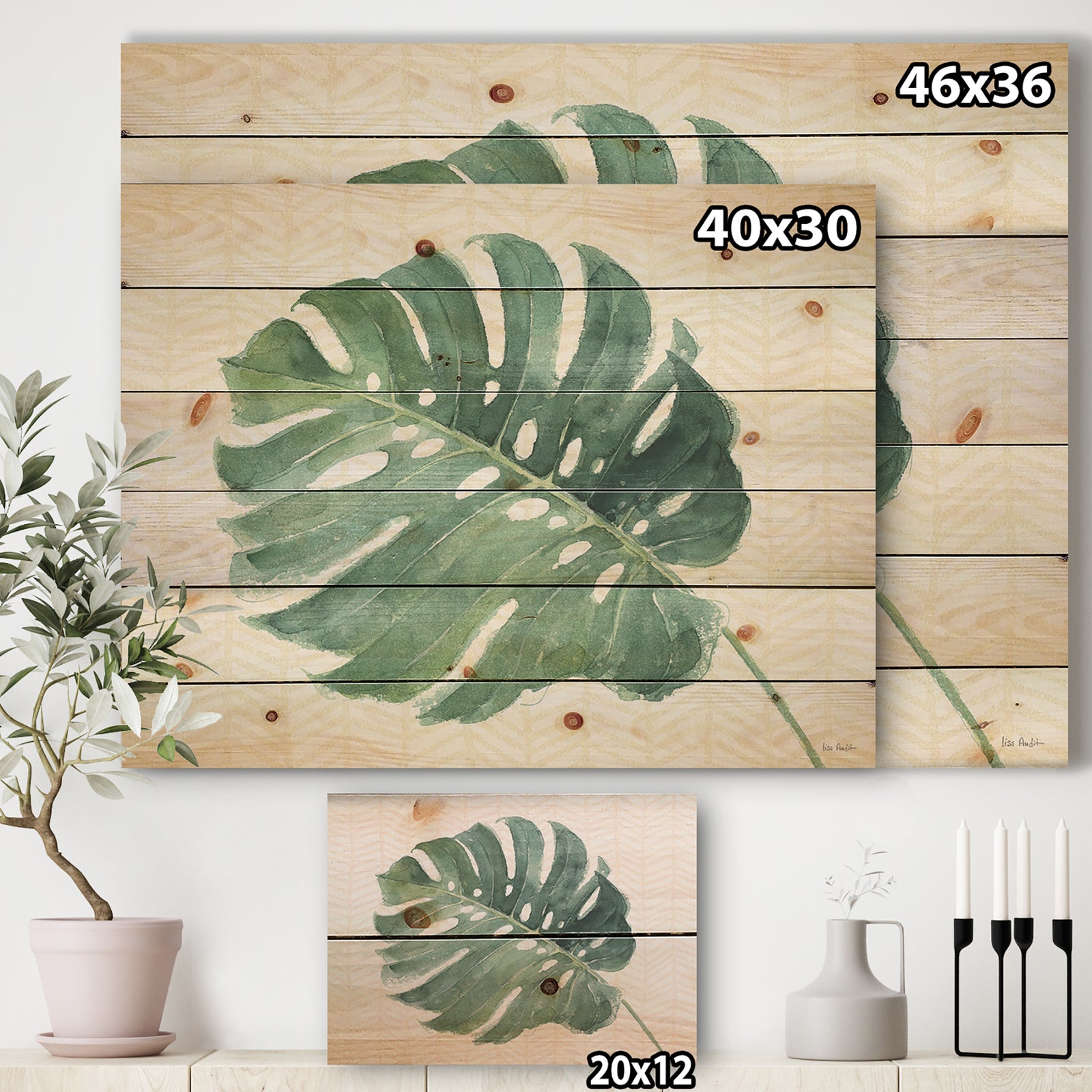 Mixed Botanical Green Leaves IV - Cottage Print on Natural Pine Wood
