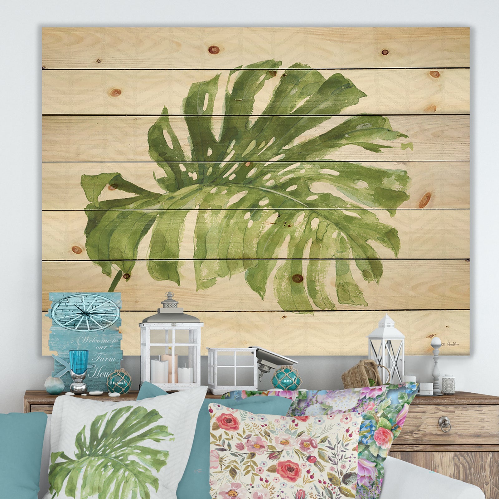 Mixed Botanical Green Leaves V - Cottage Print on Natural Pine Wood