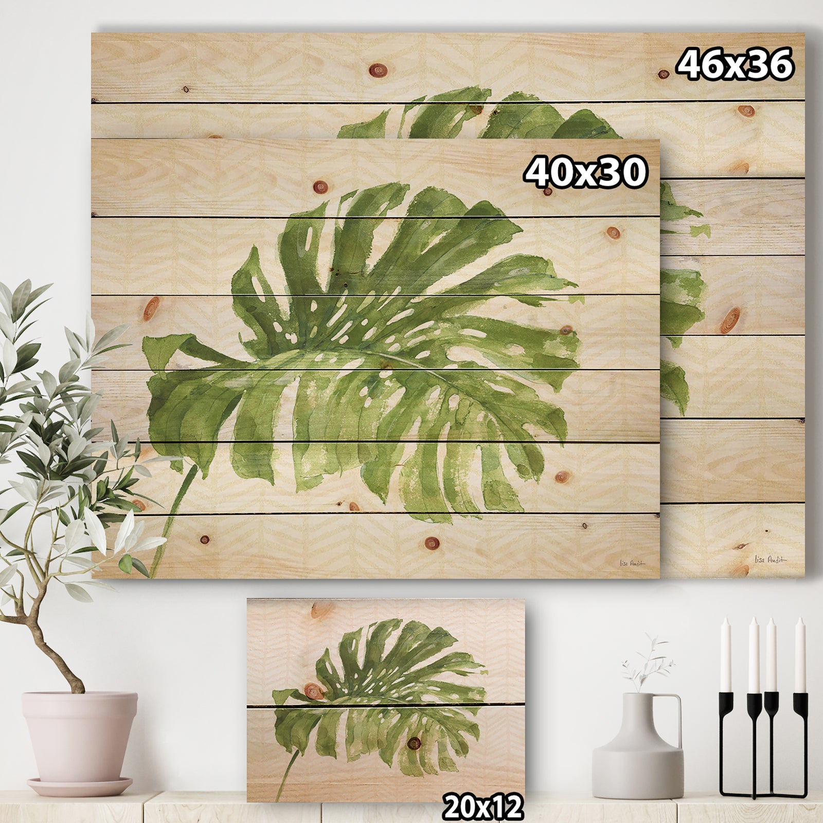 Mixed Botanical Green Leaves V - Cottage Print on Natural Pine Wood