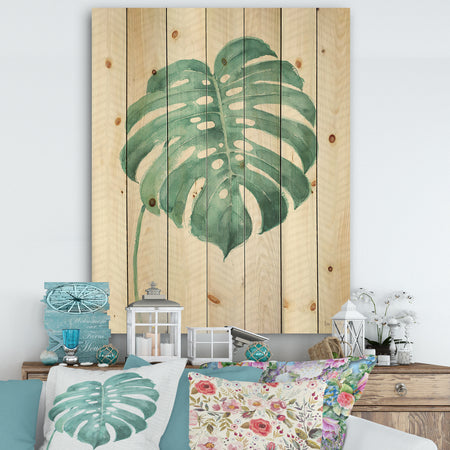 Mixed Botanical Green Leaves VI - Cottage Print on Natural Pine Wood