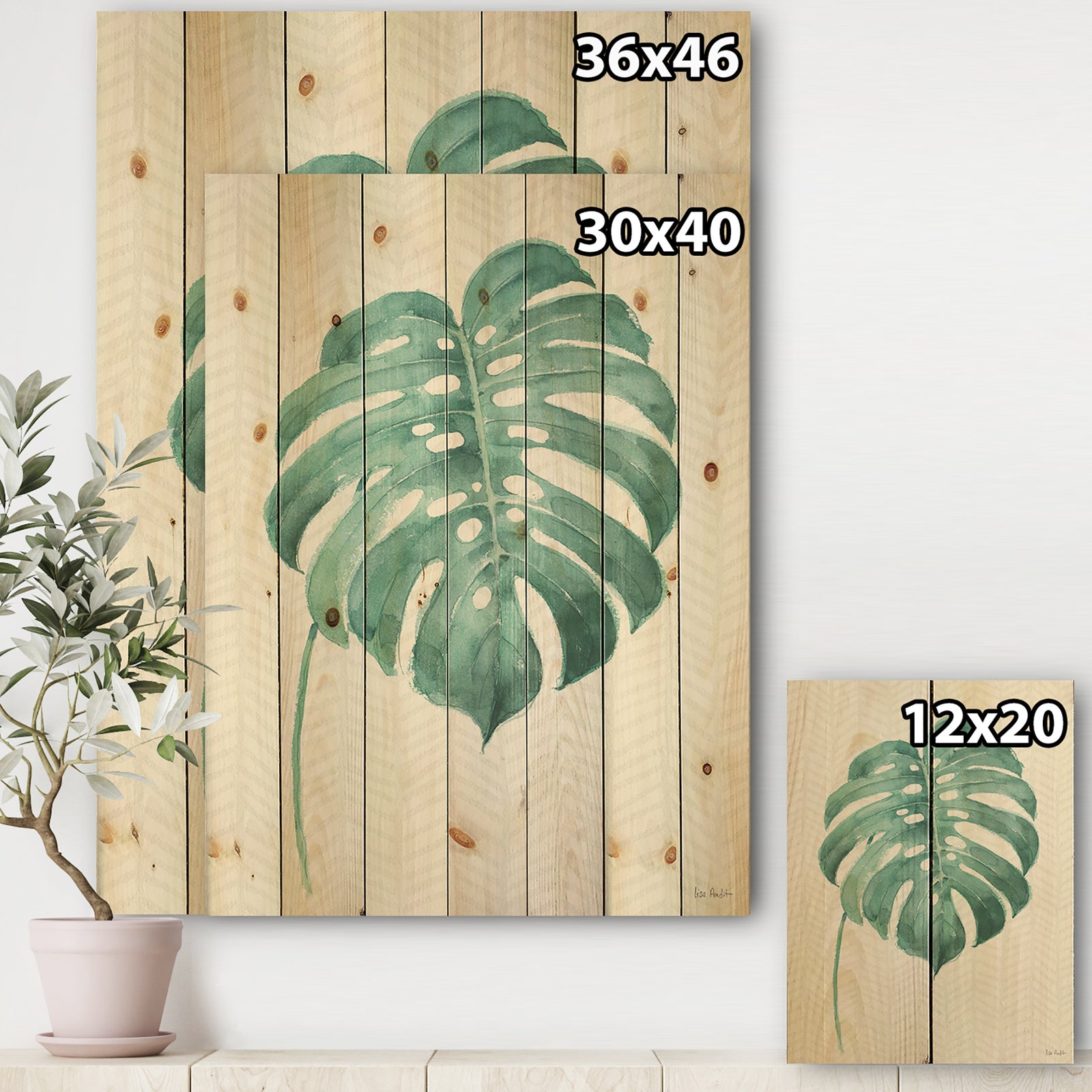 Mixed Botanical Green Leaves VI - Cottage Print on Natural Pine Wood