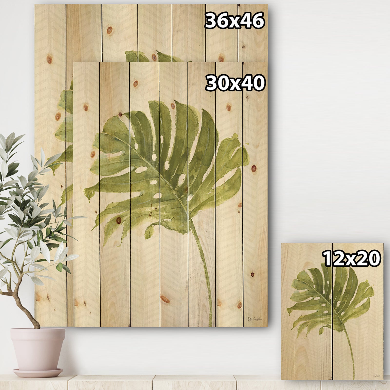 Mixed Botanical Green Leaves VII - Cottage Print on Natural Pine Wood