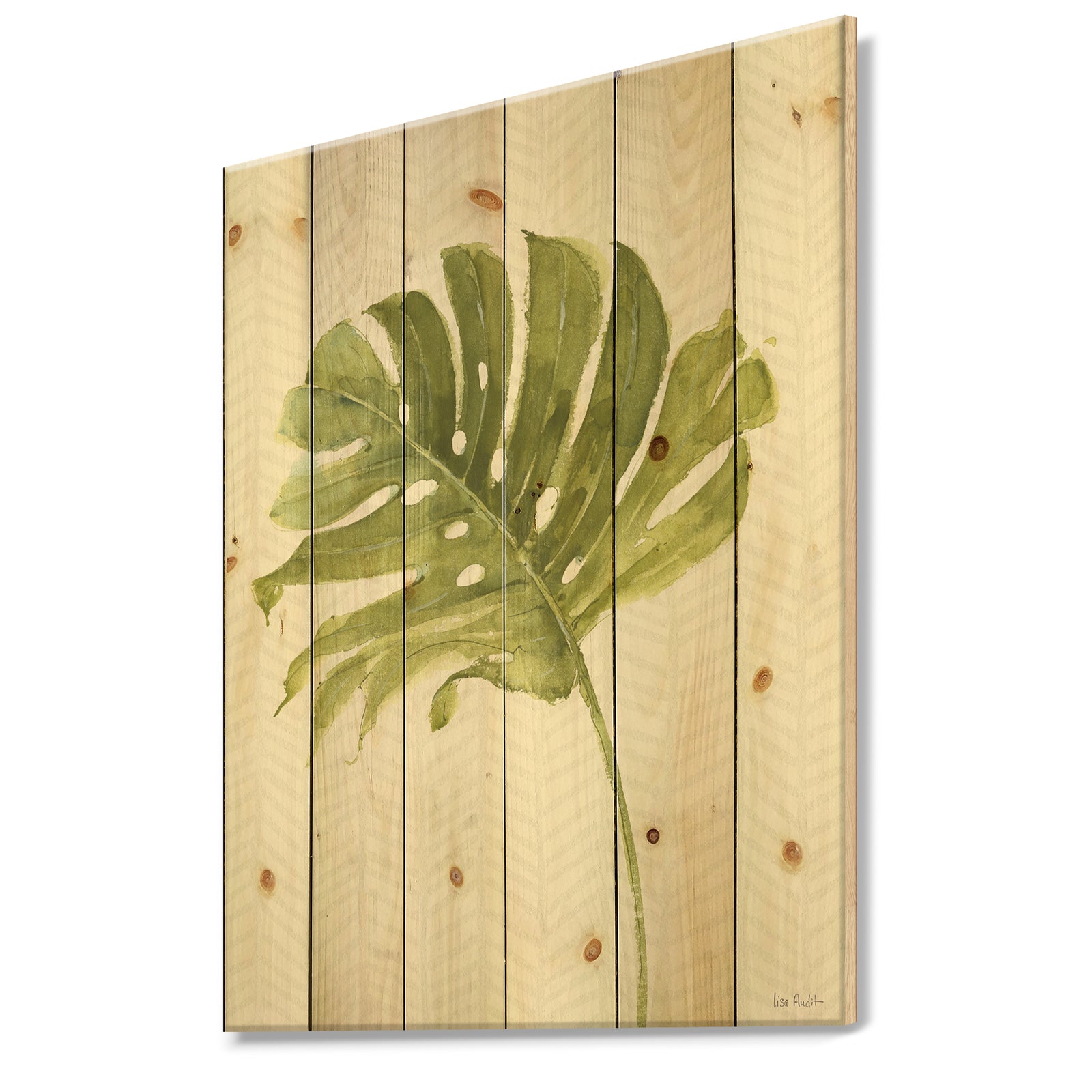 Mixed Botanical Green Leaves VII - Cottage Print on Natural Pine Wood