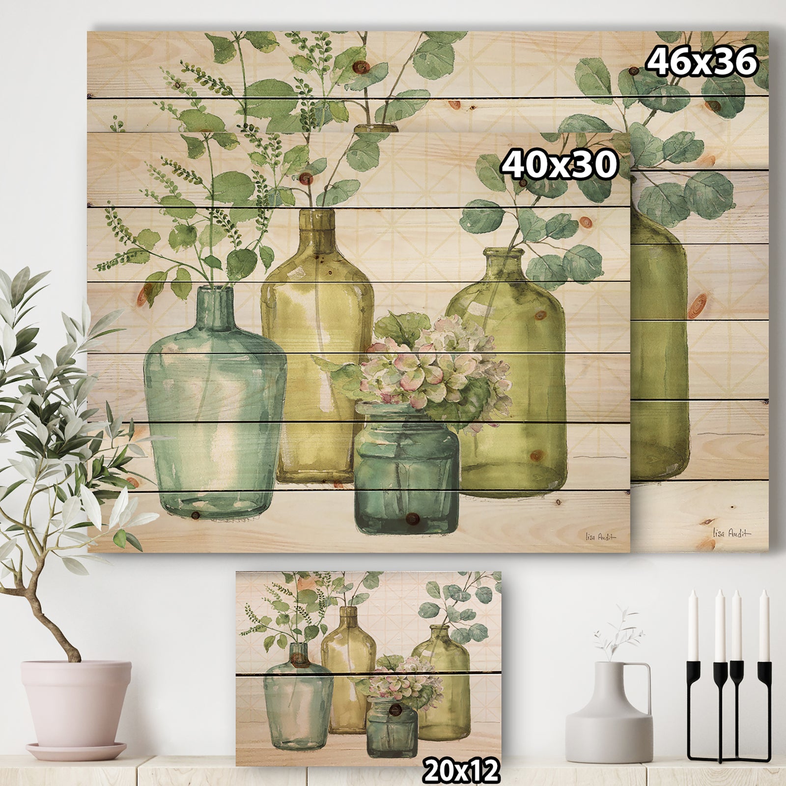 Mixed Botanical Green Leaves VIII - Cottage Print on Natural Pine Wood