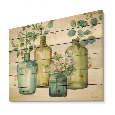 Mixed Botanical Green Leaves VIII - Cottage Print on Natural Pine Wood
