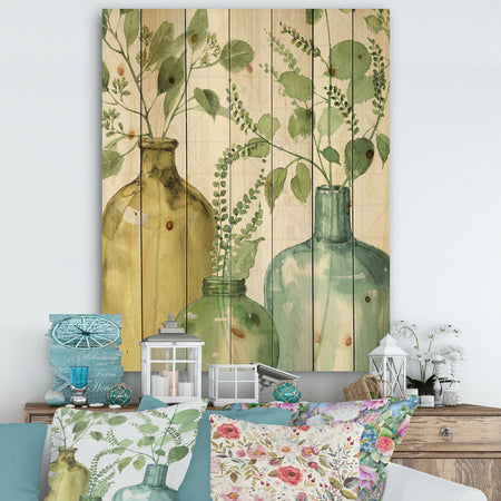 Mixed Botanical Green Leaves IX - Cottage Print on Natural Pine Wood