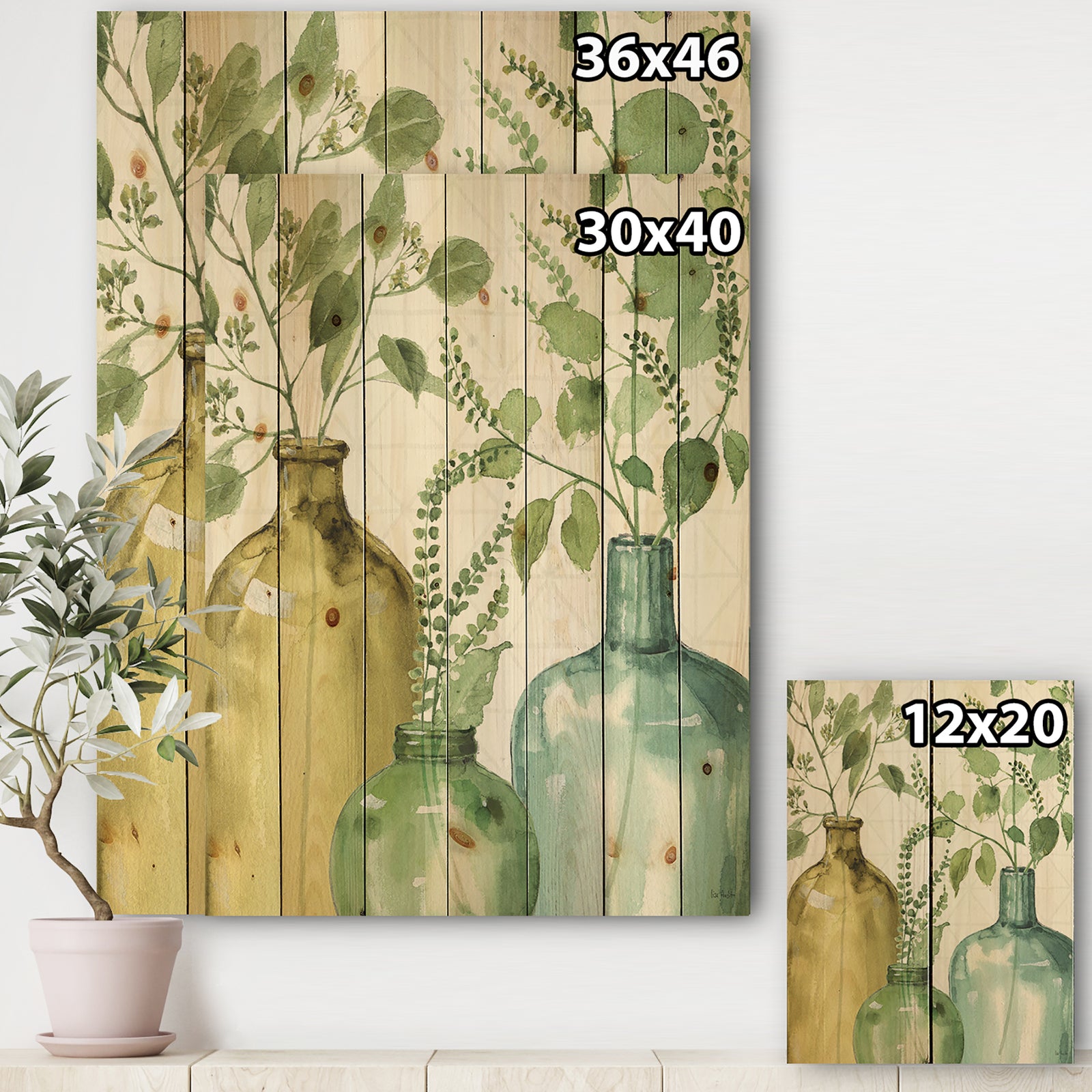 Mixed Botanical Green Leaves IX - Cottage Print on Natural Pine Wood
