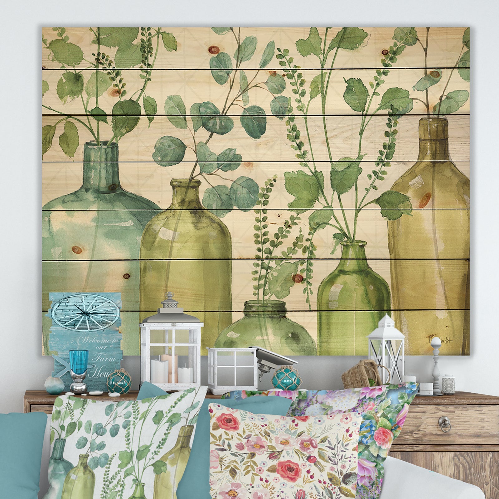 Mixed Botanical Green Leaves I0 - Cottage Print on Natural Pine Wood