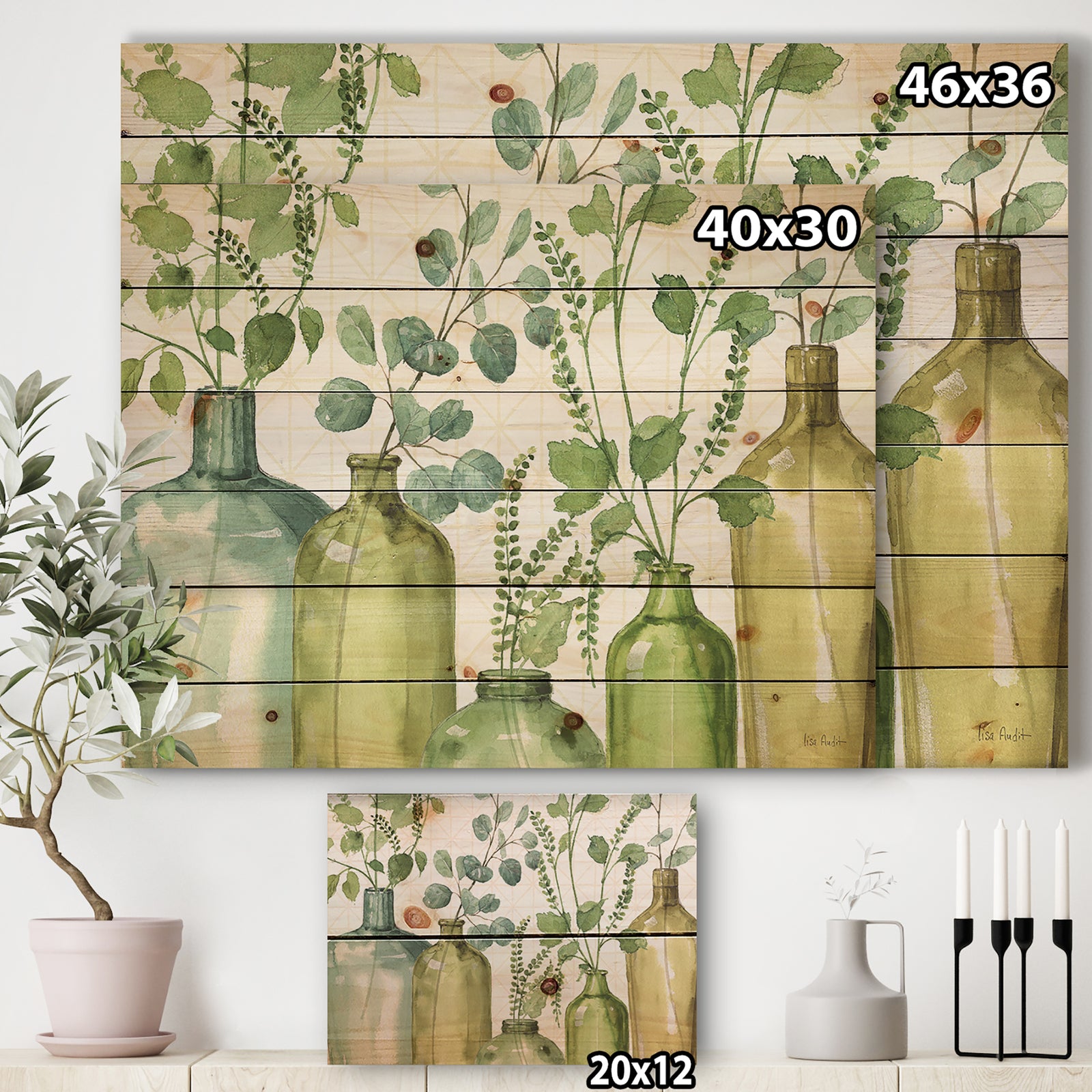 Mixed Botanical Green Leaves I0 - Cottage Print on Natural Pine Wood