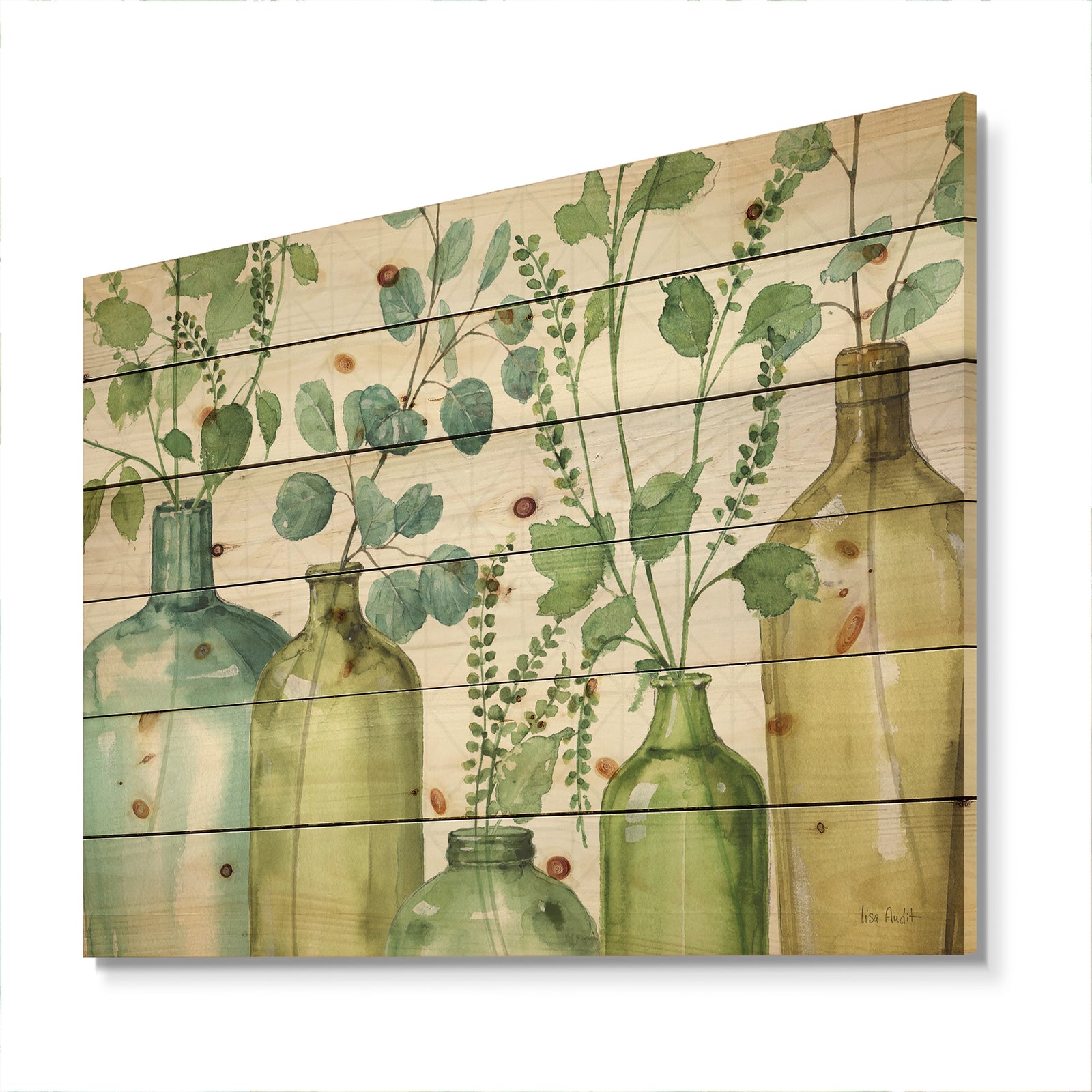 Mixed Botanical Green Leaves I0 - Cottage Print on Natural Pine Wood