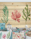 Mixed Botanical Green Leaves II - Farmhouse Print on Natural Pine Wood