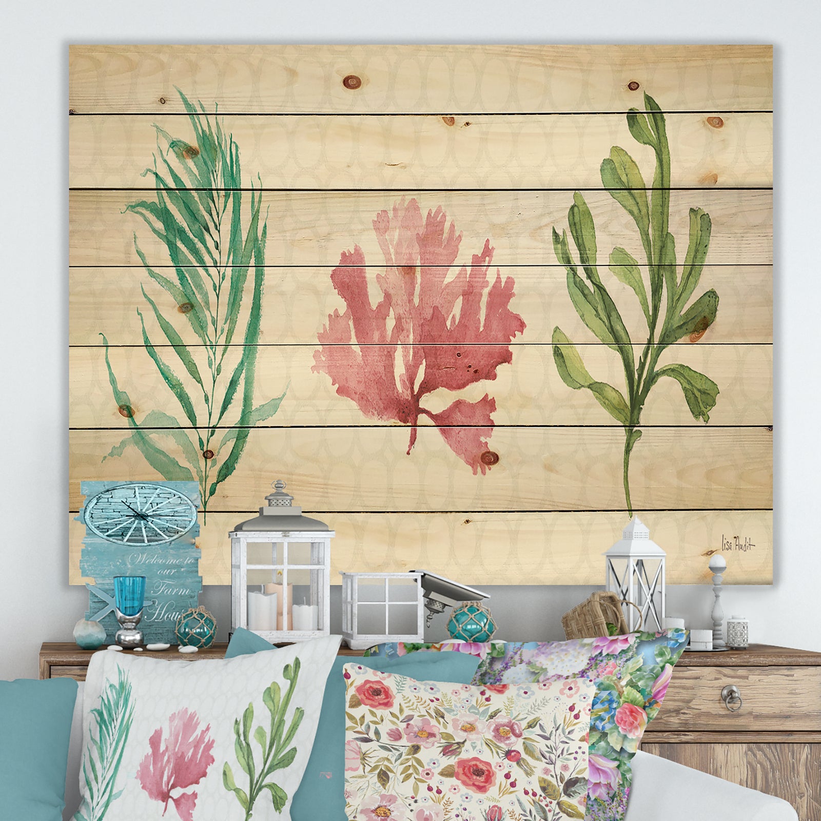 Mixed Botanical Green Leaves II - Farmhouse Print on Natural Pine Wood