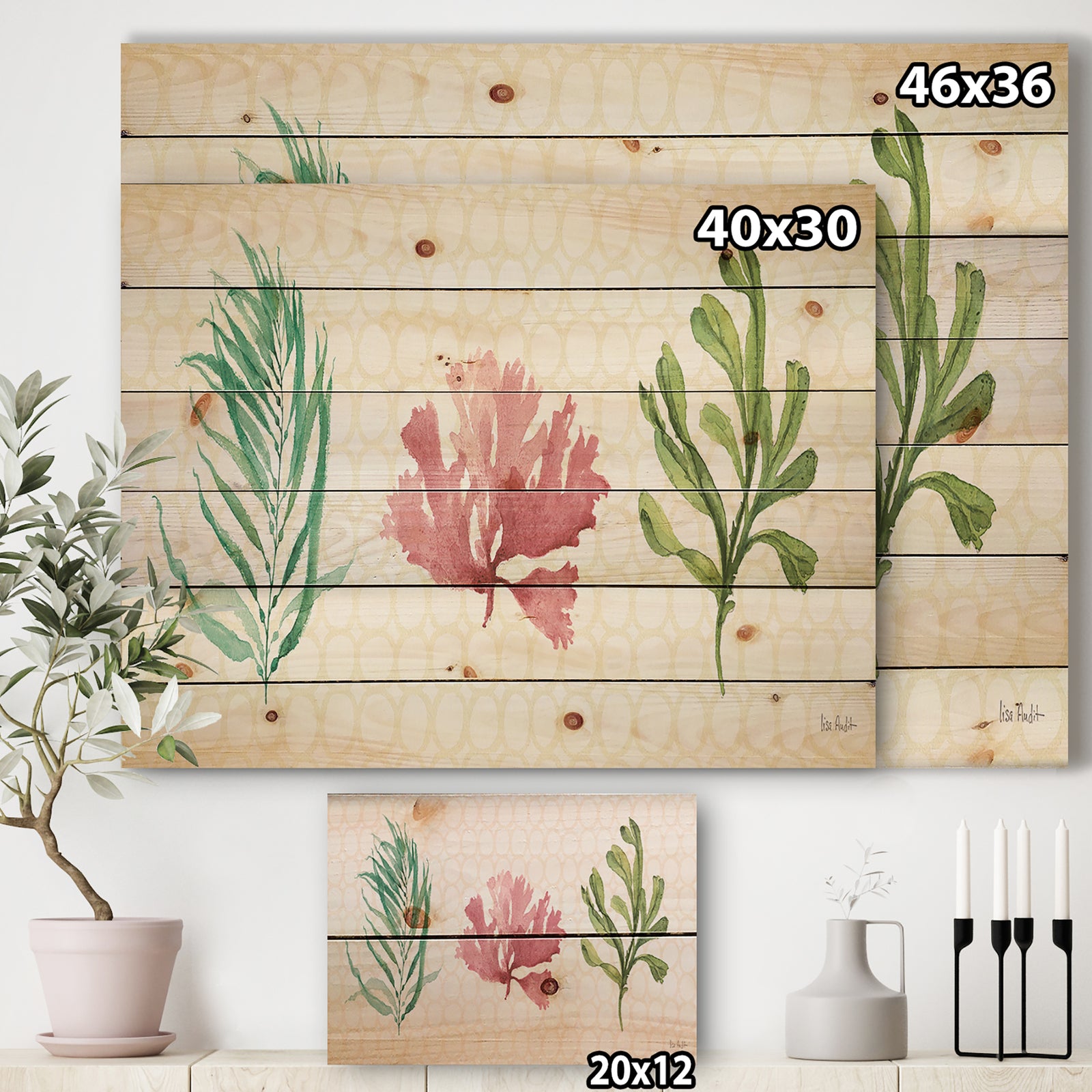 Mixed Botanical Green Leaves II - Farmhouse Print on Natural Pine Wood