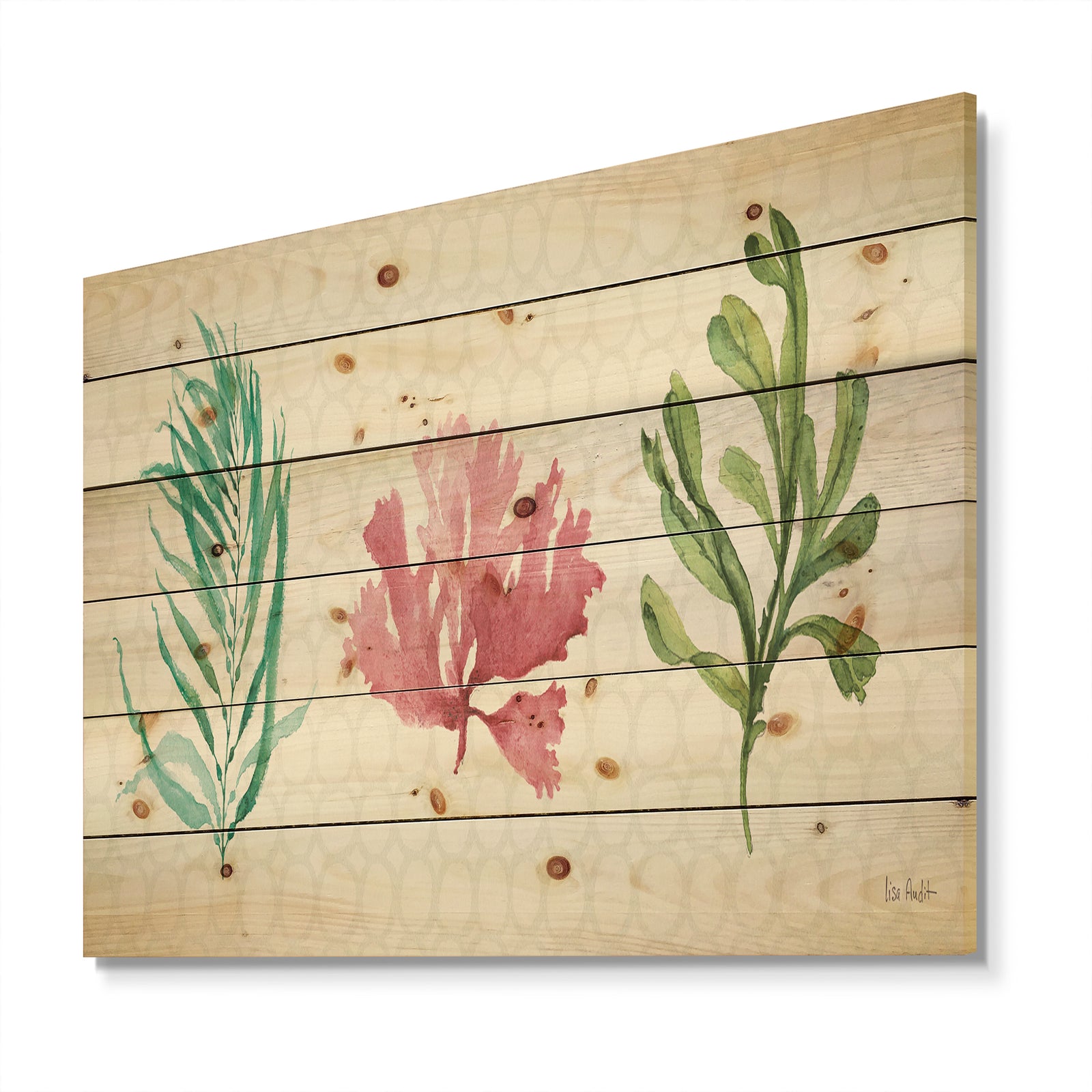 Mixed Botanical Green Leaves II - Farmhouse Print on Natural Pine Wood