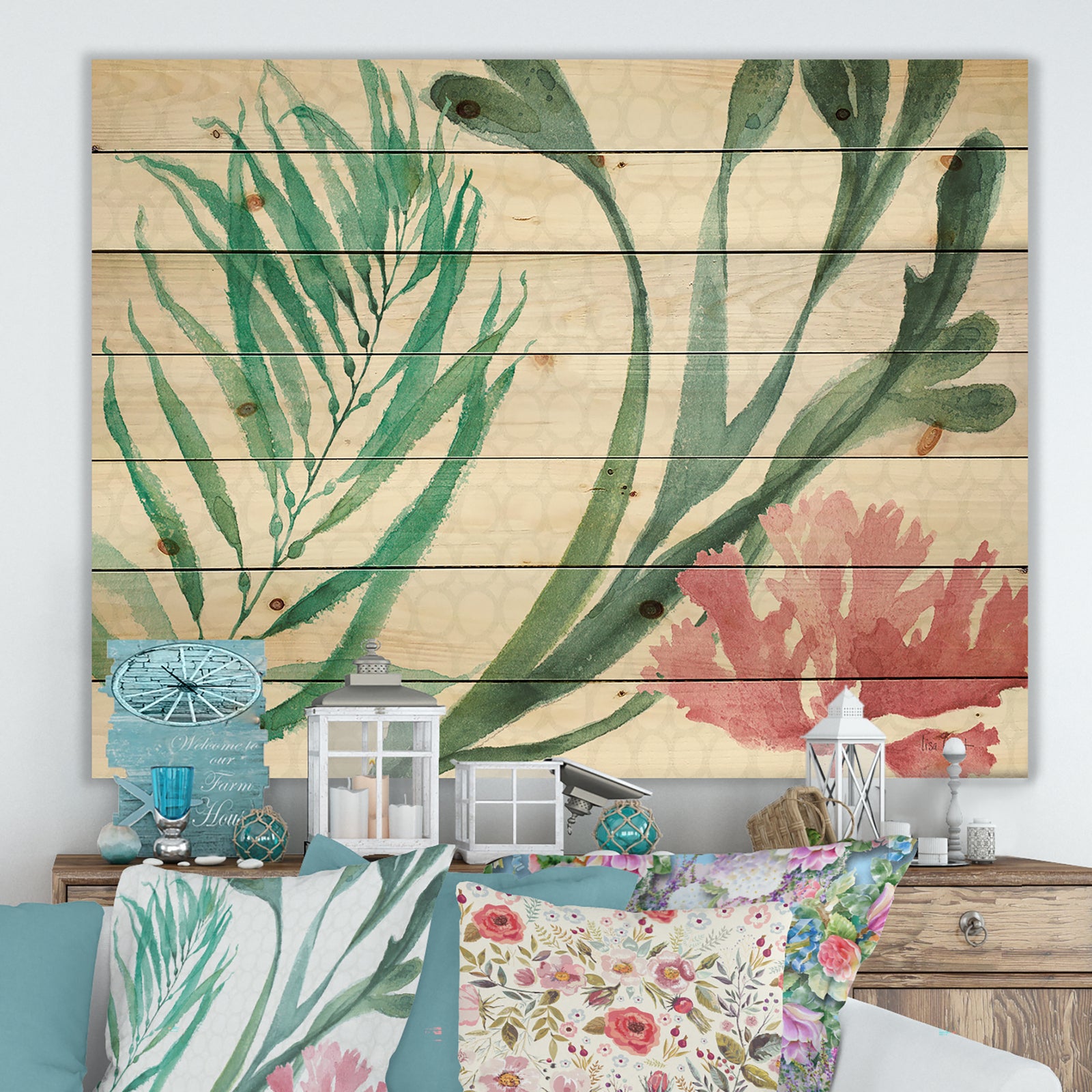 Mixed Botanical Green Leaves III - Farmhouse Print on Natural Pine Wood