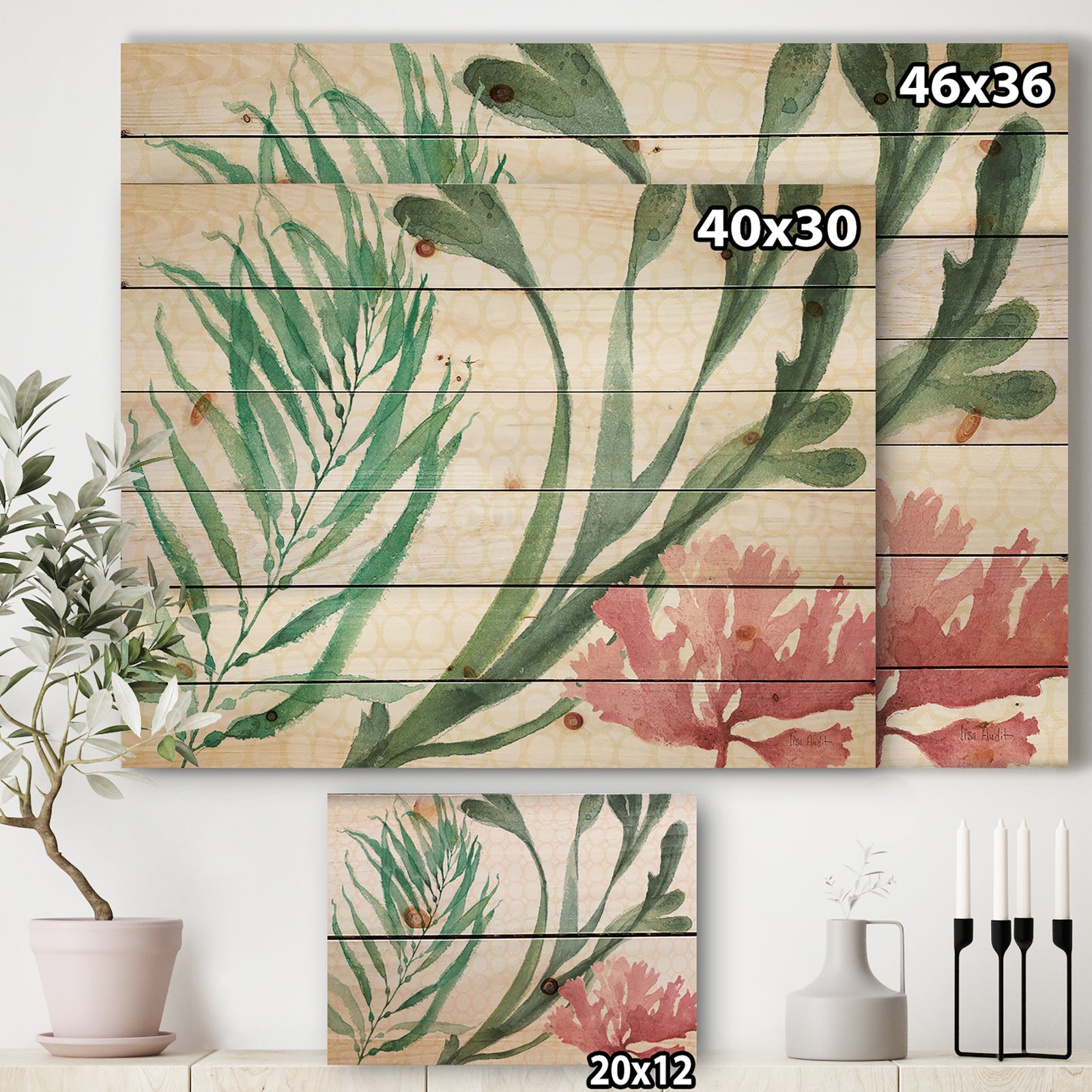 Mixed Botanical Green Leaves III - Farmhouse Print on Natural Pine Wood