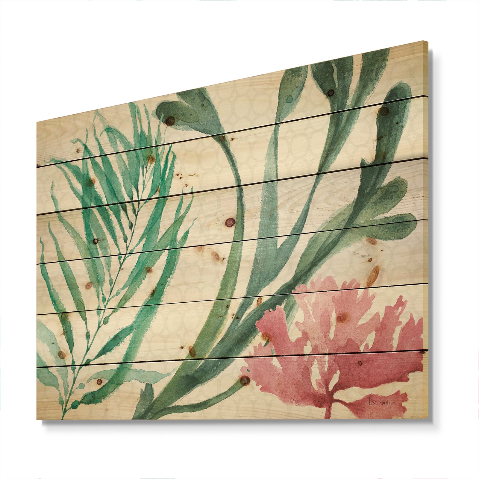 Mixed Botanical Green Leaves III - Farmhouse Print on Natural Pine Wood