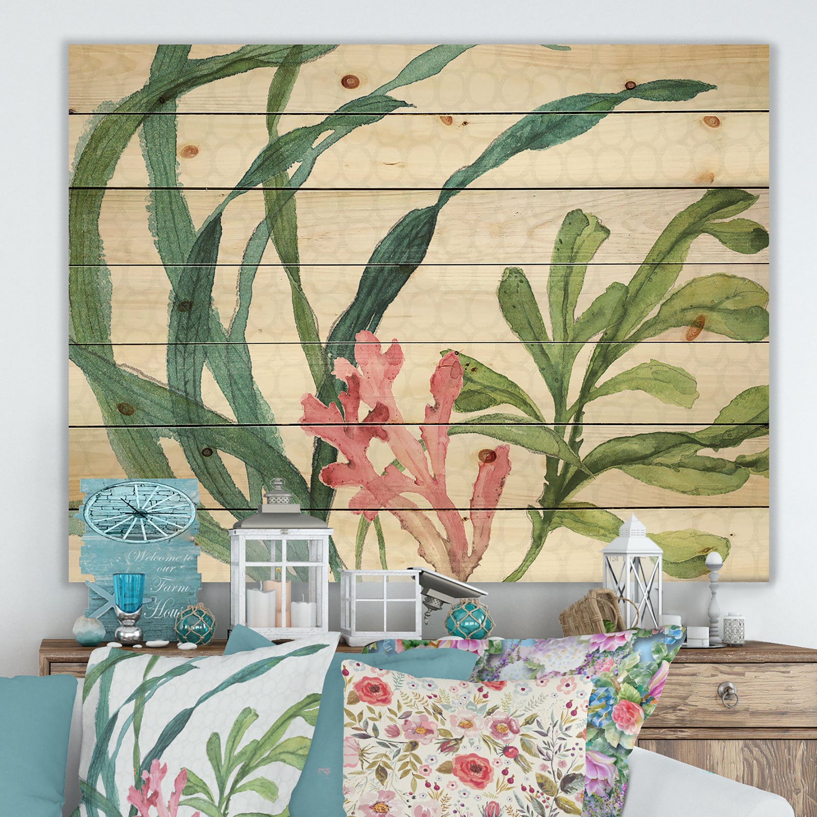 Mixed Botanical Green Leaves IIII - Farmhouse Print on Natural Pine Wood