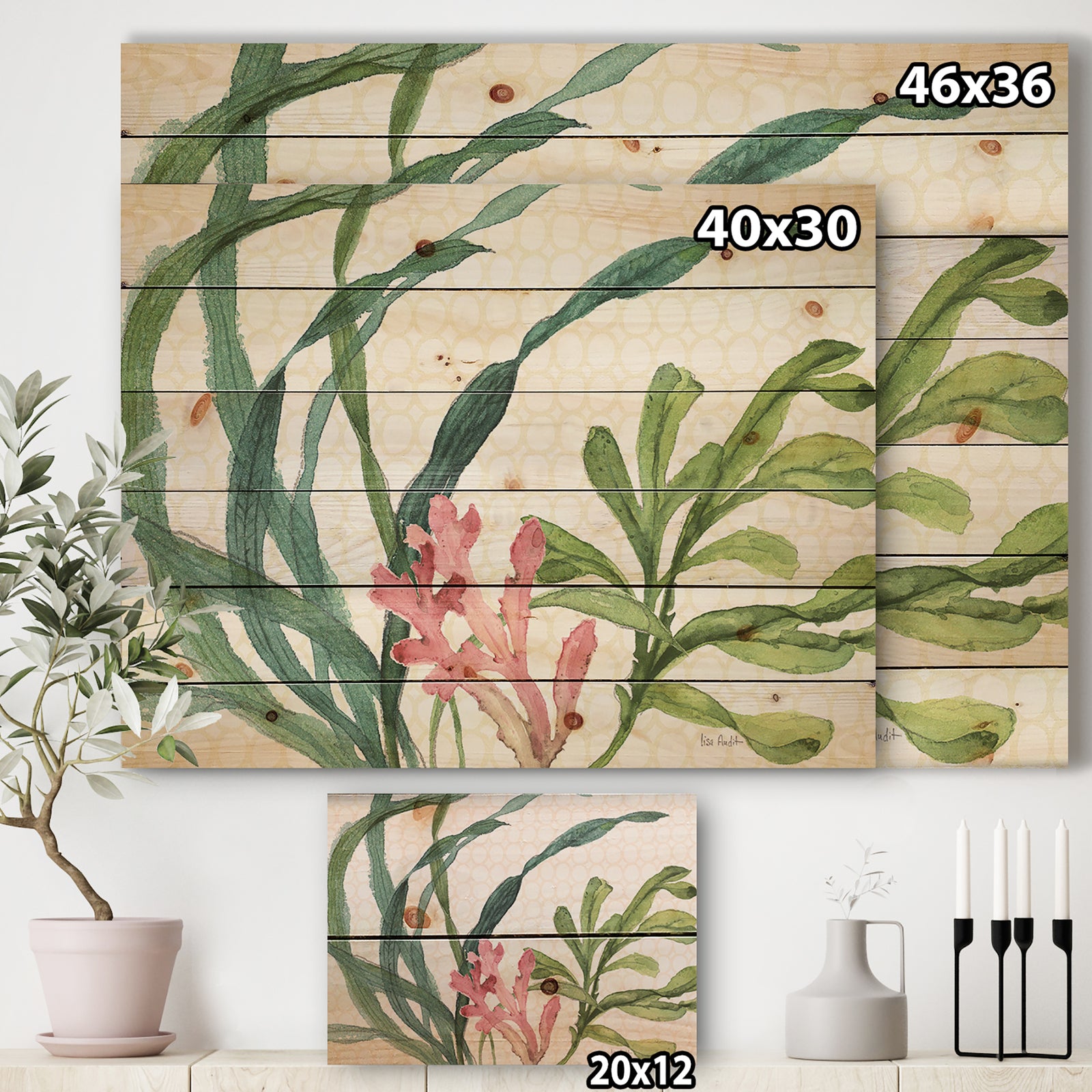 Mixed Botanical Green Leaves IIII - Farmhouse Print on Natural Pine Wood