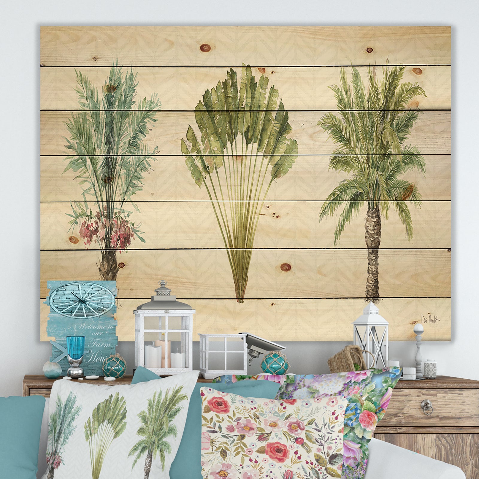 Mixed Botanical Greens palms II - Farmhouse Print on Natural Pine Wood