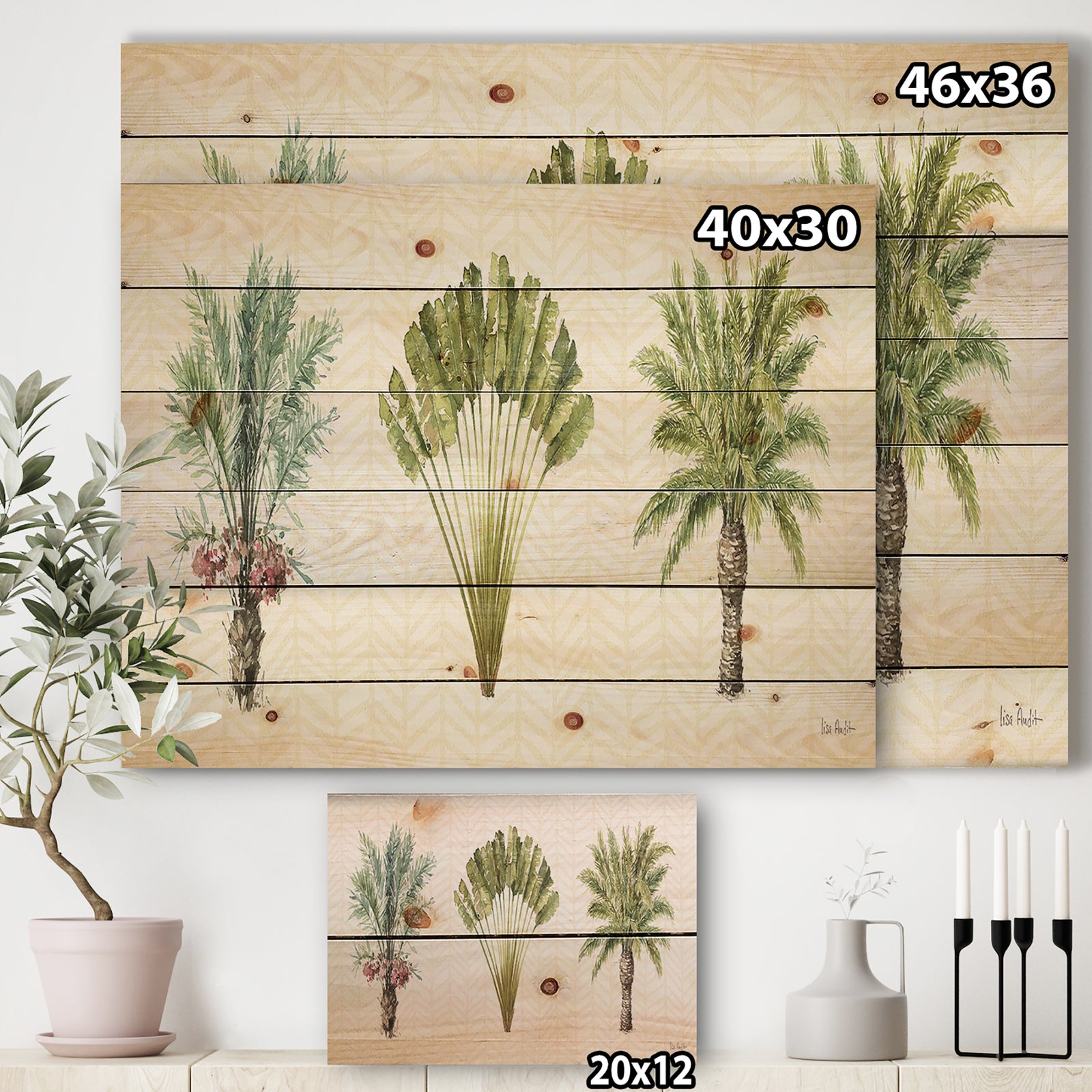 Mixed Botanical Greens palms II - Farmhouse Print on Natural Pine Wood