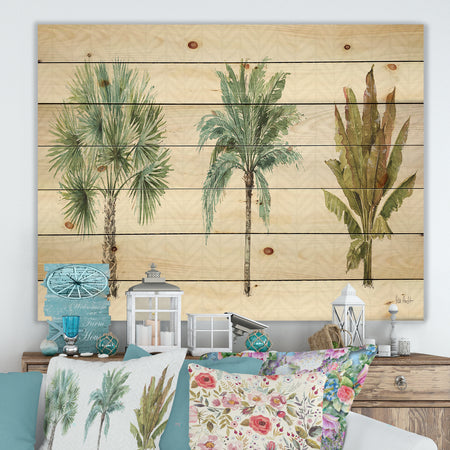 Mixed Botanical Greens palms I - Farmhouse Print on Natural Pine Wood