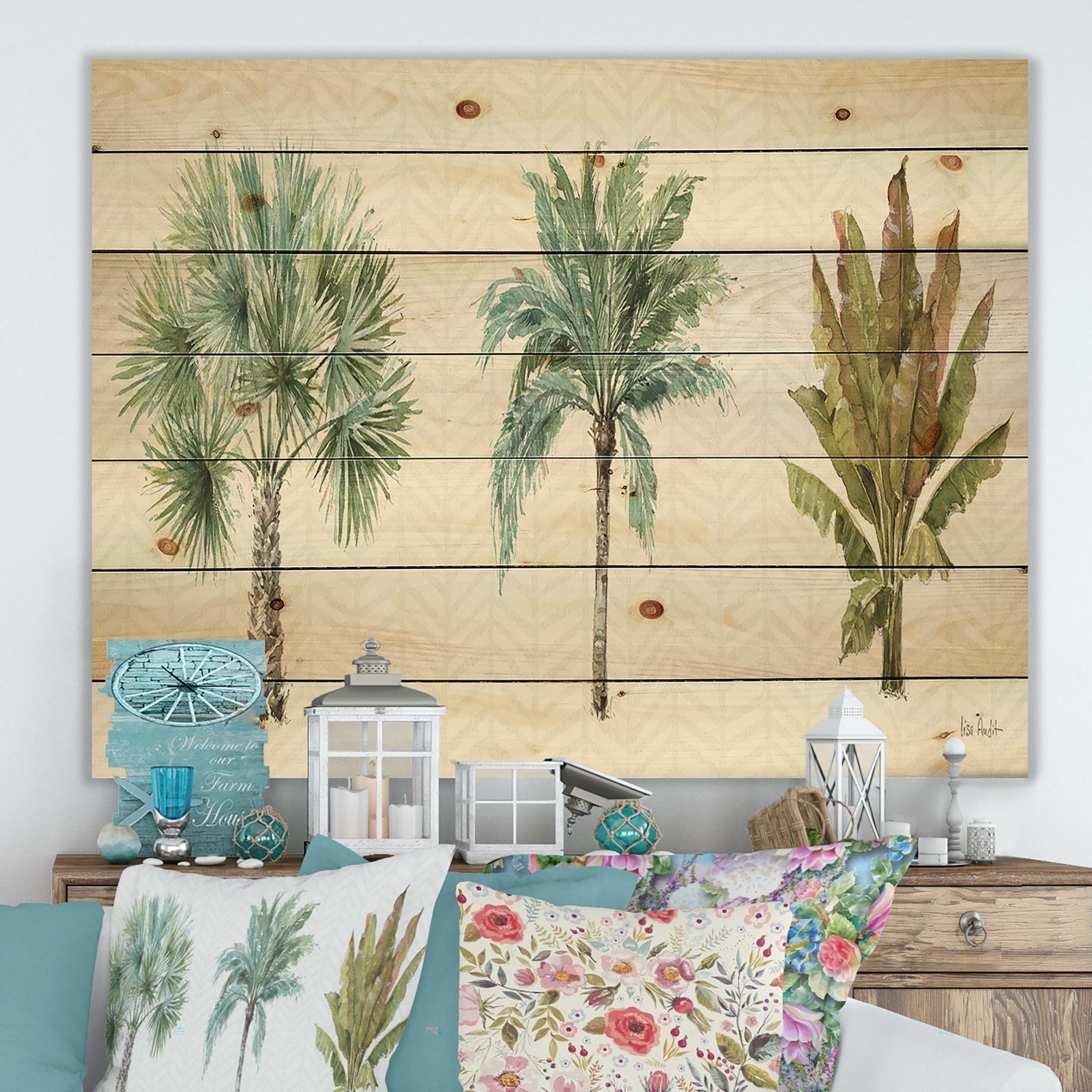Mixed Botanical Greens palms I - Farmhouse Print on Natural Pine Wood