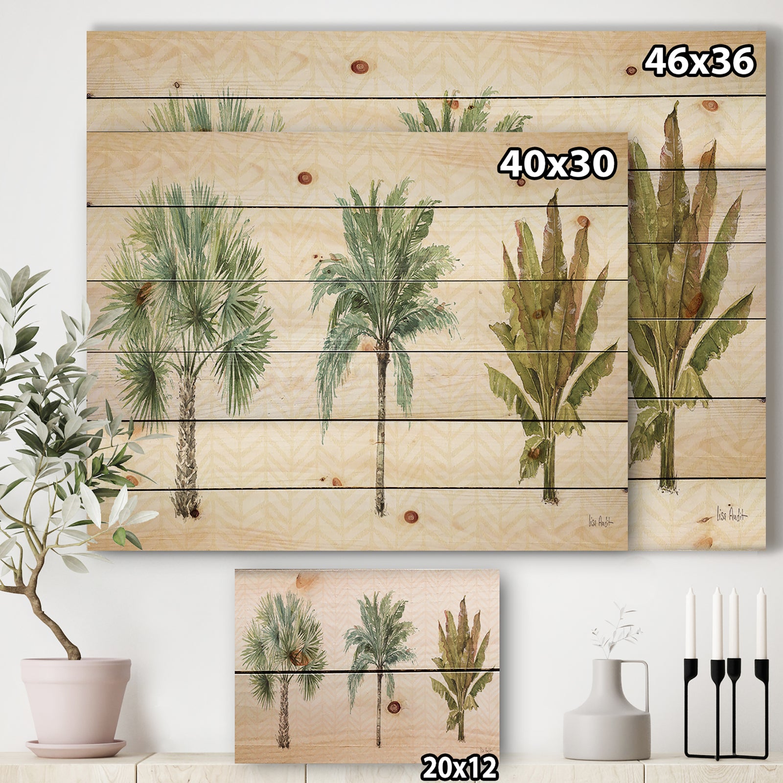 Mixed Botanical Greens palms I - Farmhouse Print on Natural Pine Wood