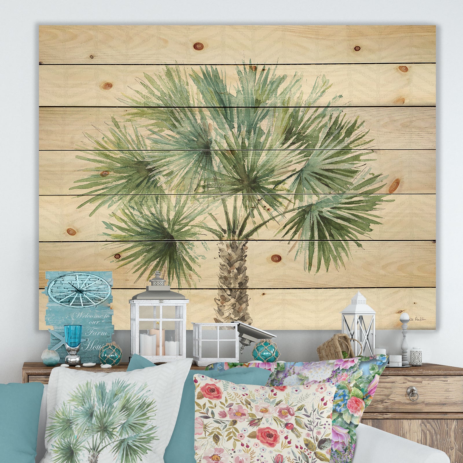 Mixed Botanical Greens palms III - Farmhouse Print on Natural Pine Wood