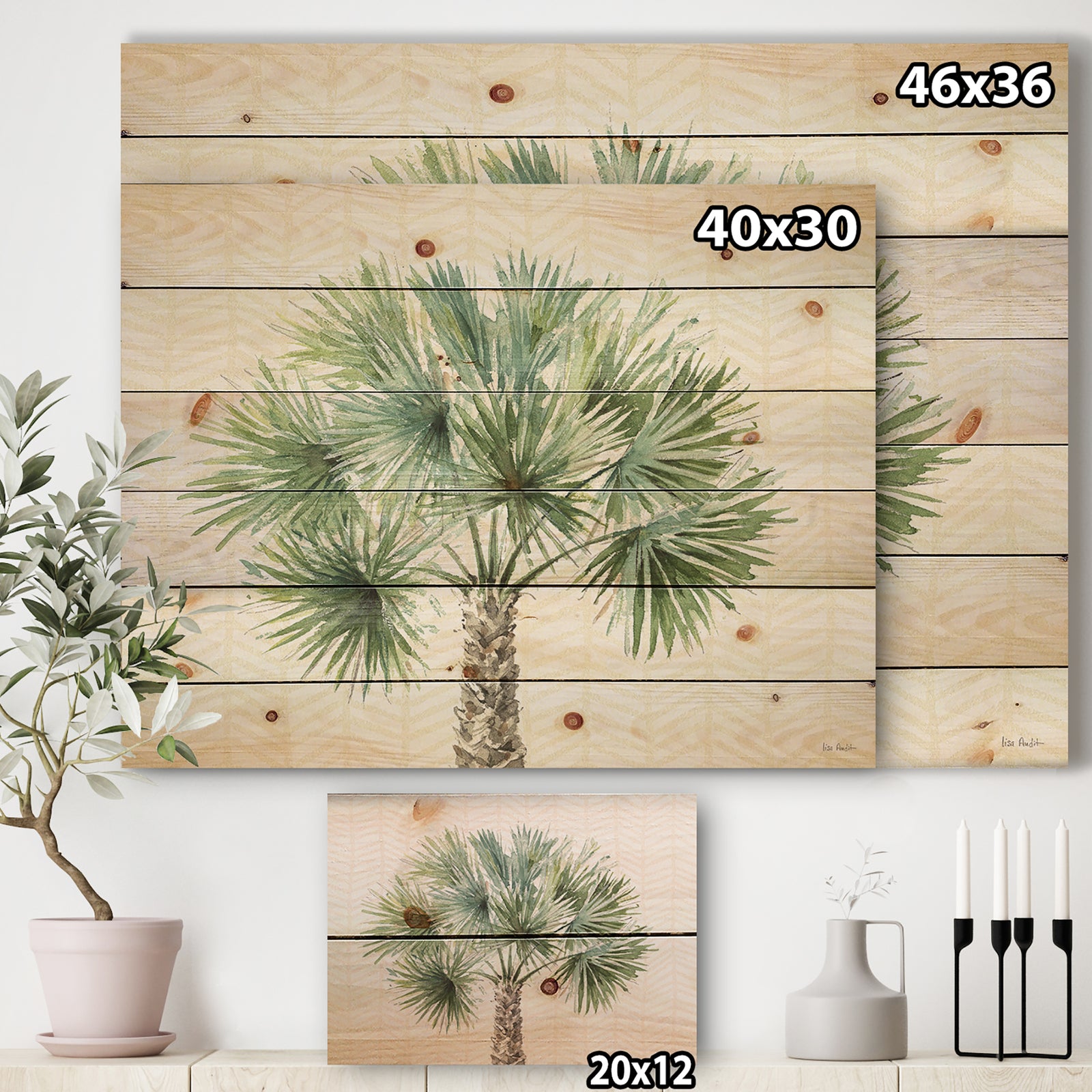 Mixed Botanical Greens palms III - Farmhouse Print on Natural Pine Wood