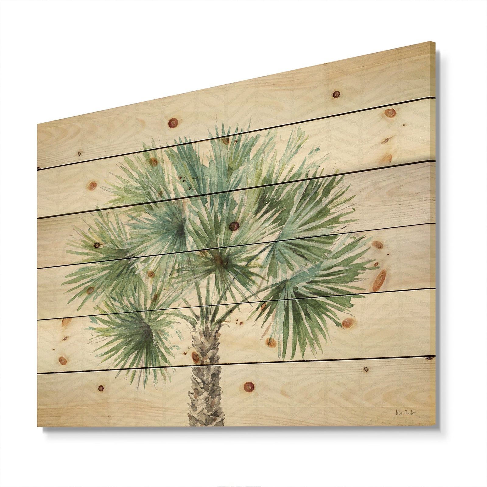Mixed Botanical Greens palms III - Farmhouse Print on Natural Pine Wood