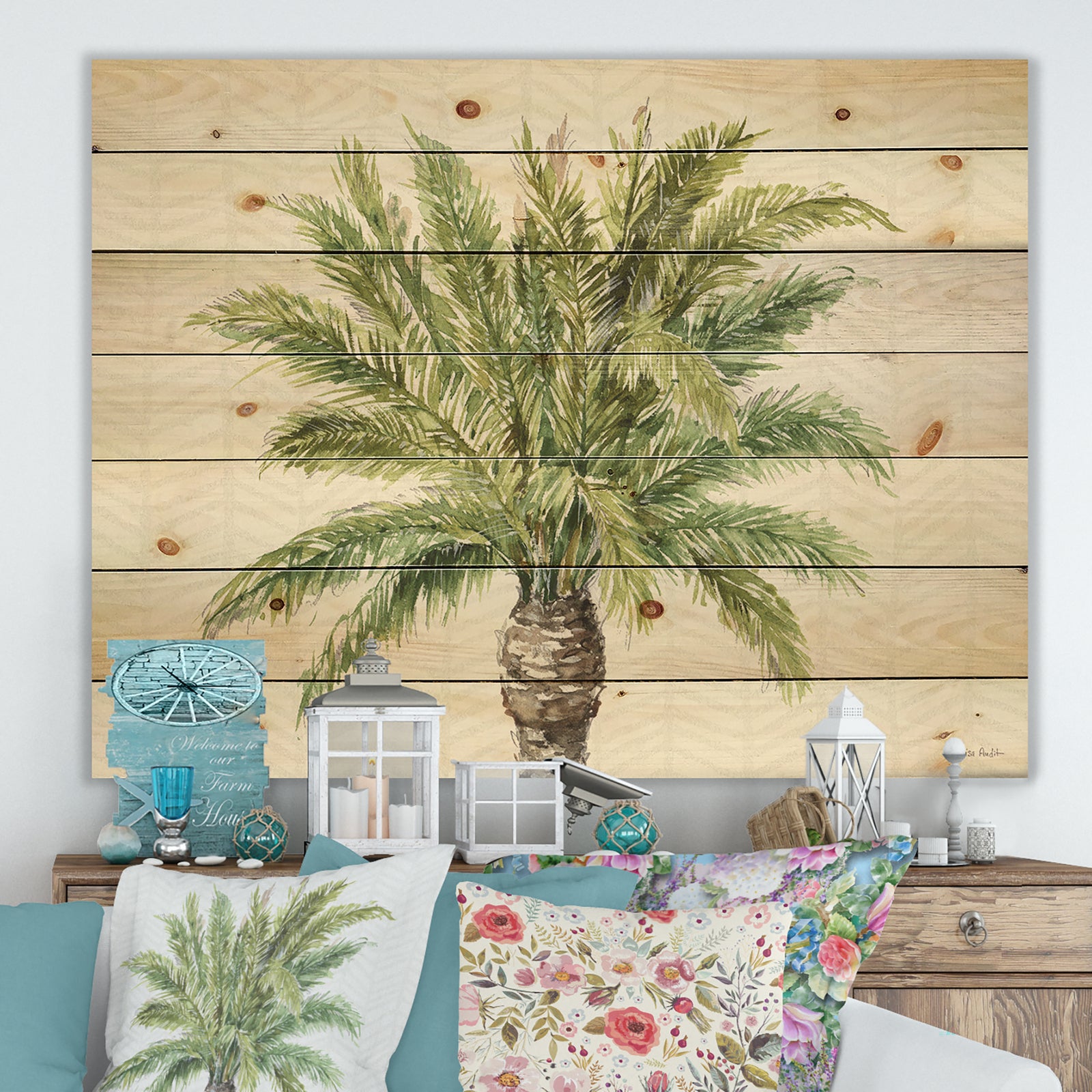 Porch & Den Mixed Botanical Greens palms IV - Print on Natural Pine Wood