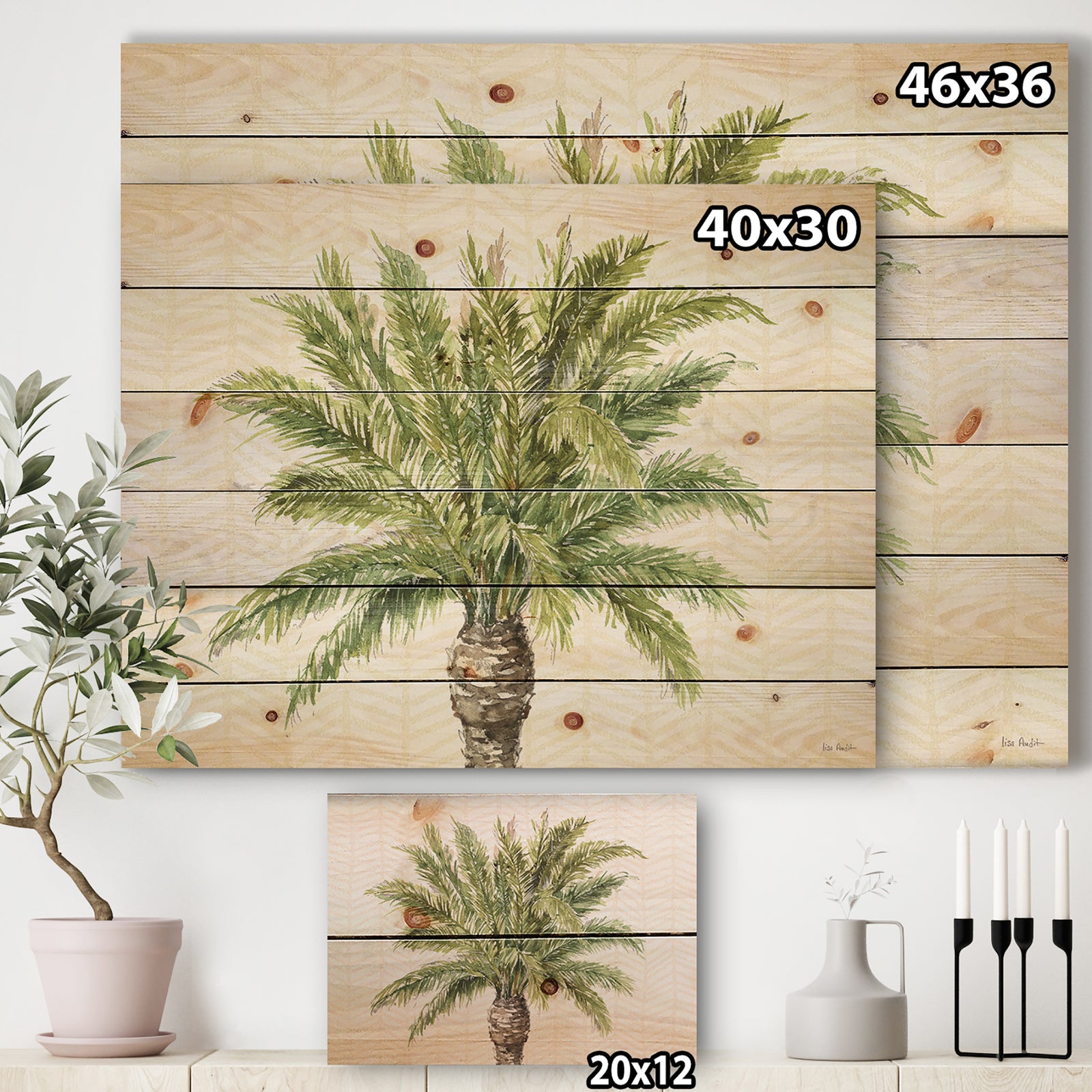 Porch & Den Mixed Botanical Greens palms IV - Print on Natural Pine Wood