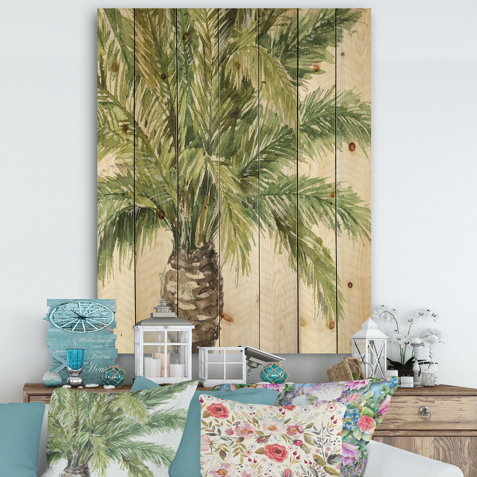 Mixed Botanical Greens palms V - Farmhouse Print on Natural Pine Wood