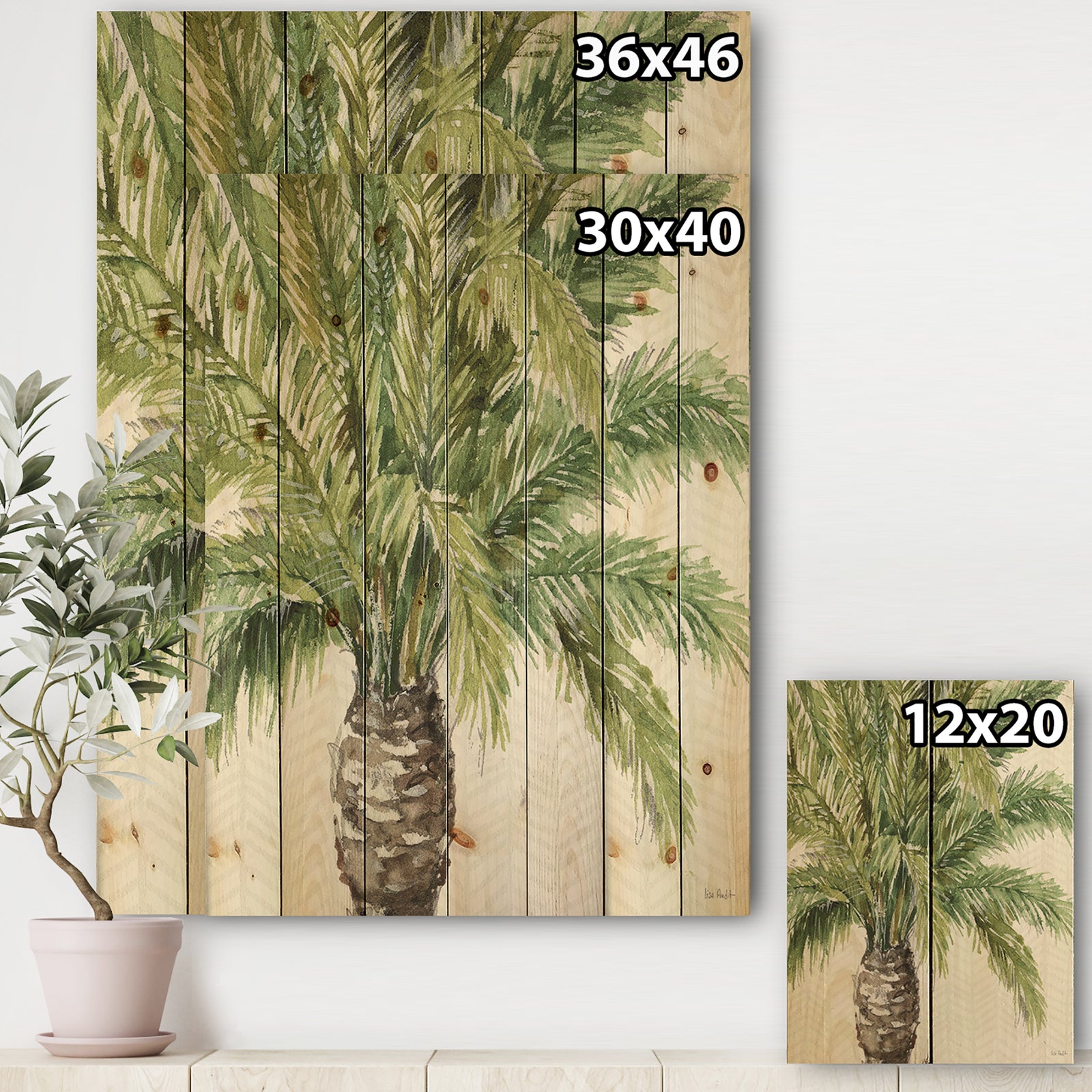 Mixed Botanical Greens palms V - Farmhouse Print on Natural Pine Wood