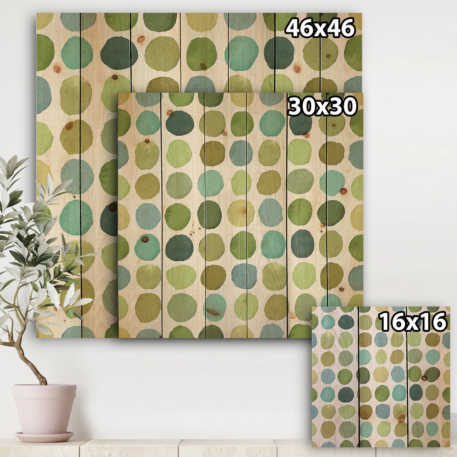 geometric Green Circle I - Mid-Century Modern Transitional Print on Natural Pine Wood