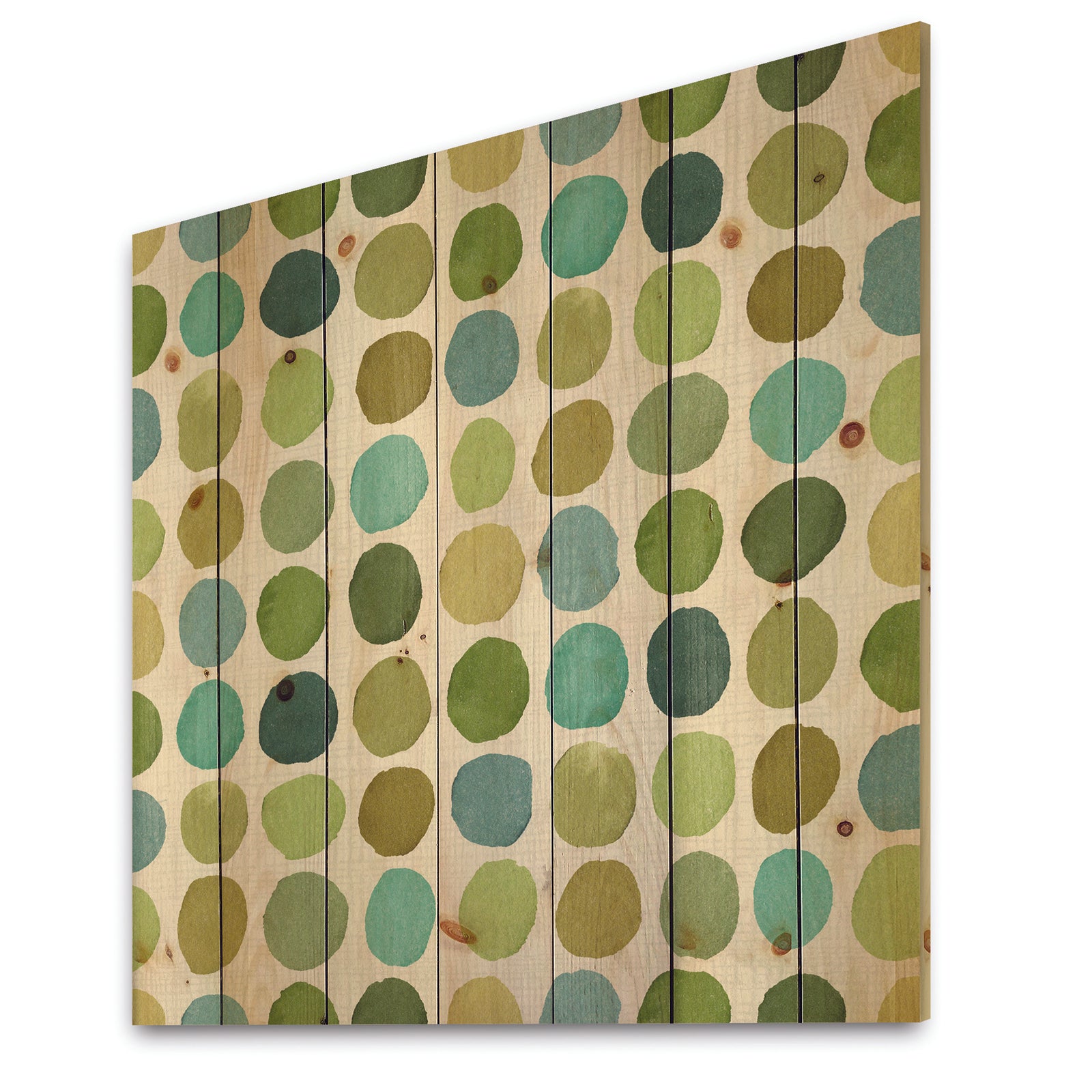 geometric Green Circle I - Mid-Century Modern Transitional Print on Natural Pine Wood