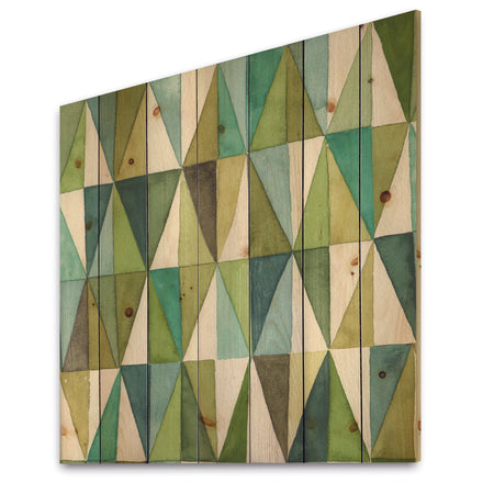 geometric Green Triangle III - Mid-Century Modern Transitional Print on Natural Pine Wood