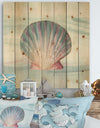 Ocean Shell on Blue - Nautical & Coastal Print on Natural Pine Wood