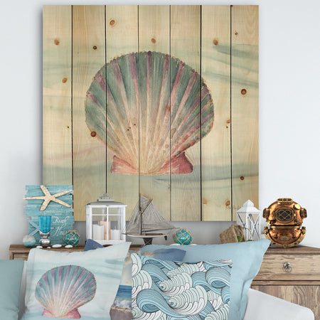 Ocean Shell on Blue - Nautical & Coastal Print on Natural Pine Wood
