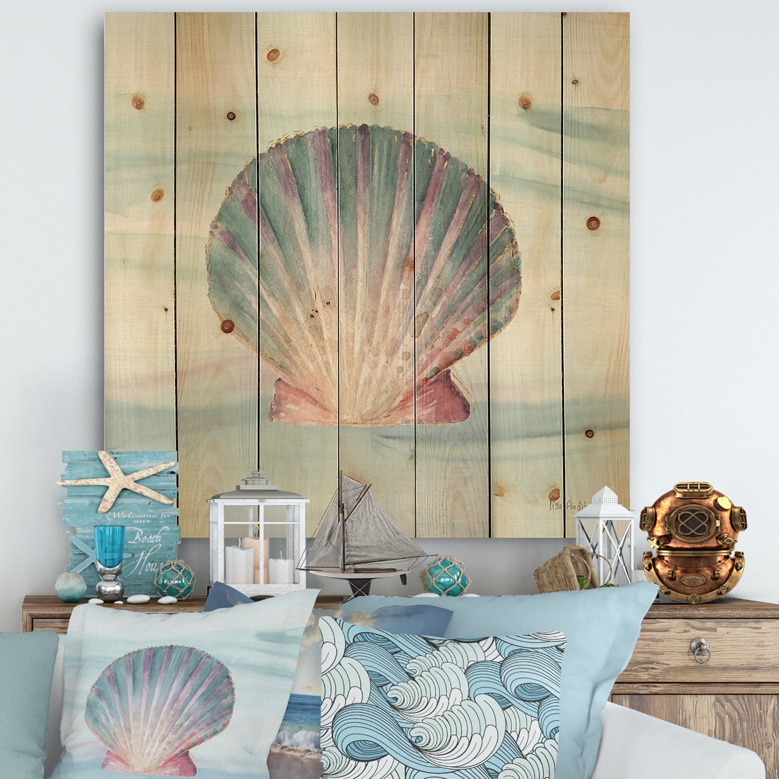 Ocean Shell on Blue - Nautical & Coastal Print on Natural Pine Wood