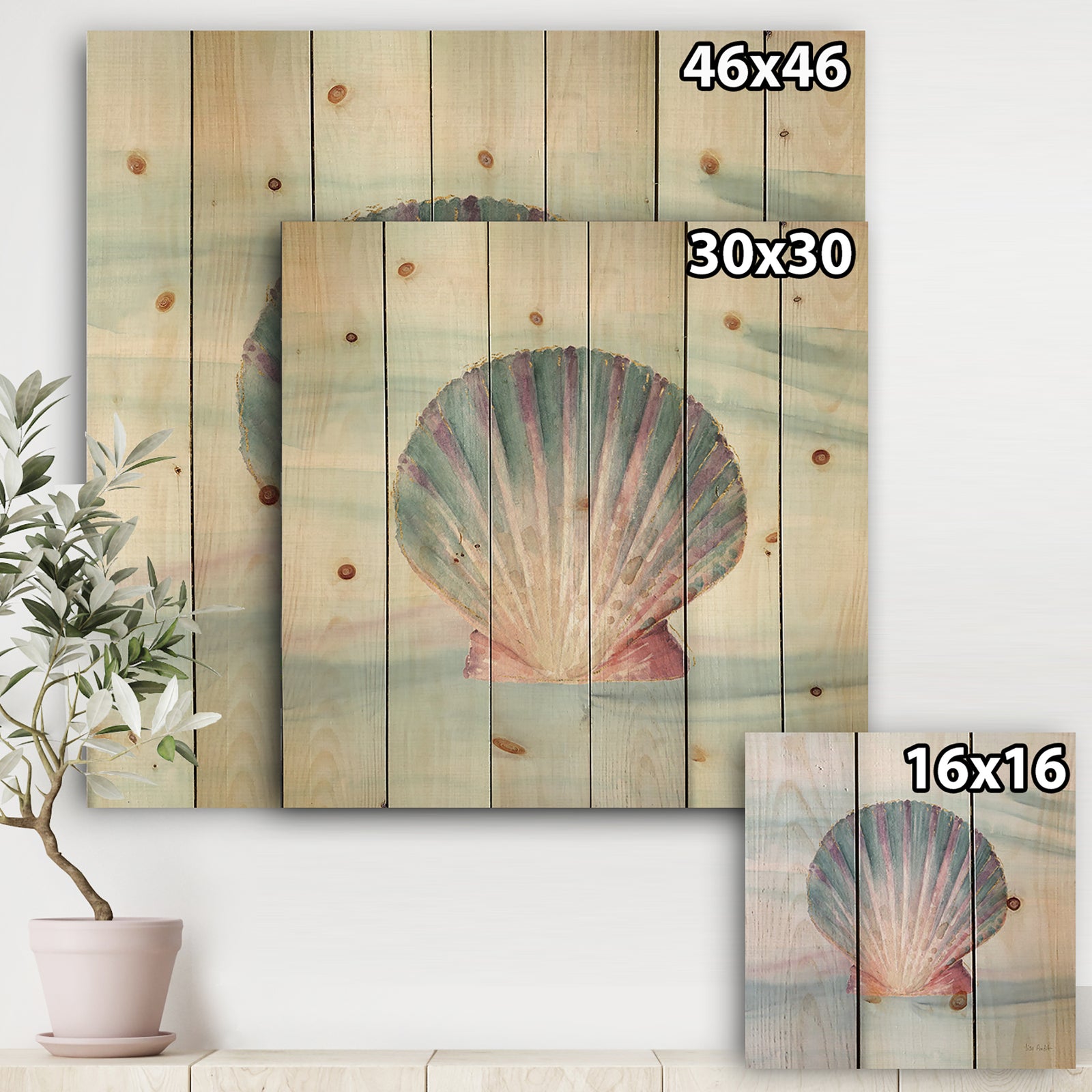 Ocean Shell on Blue - Nautical & Coastal Print on Natural Pine Wood