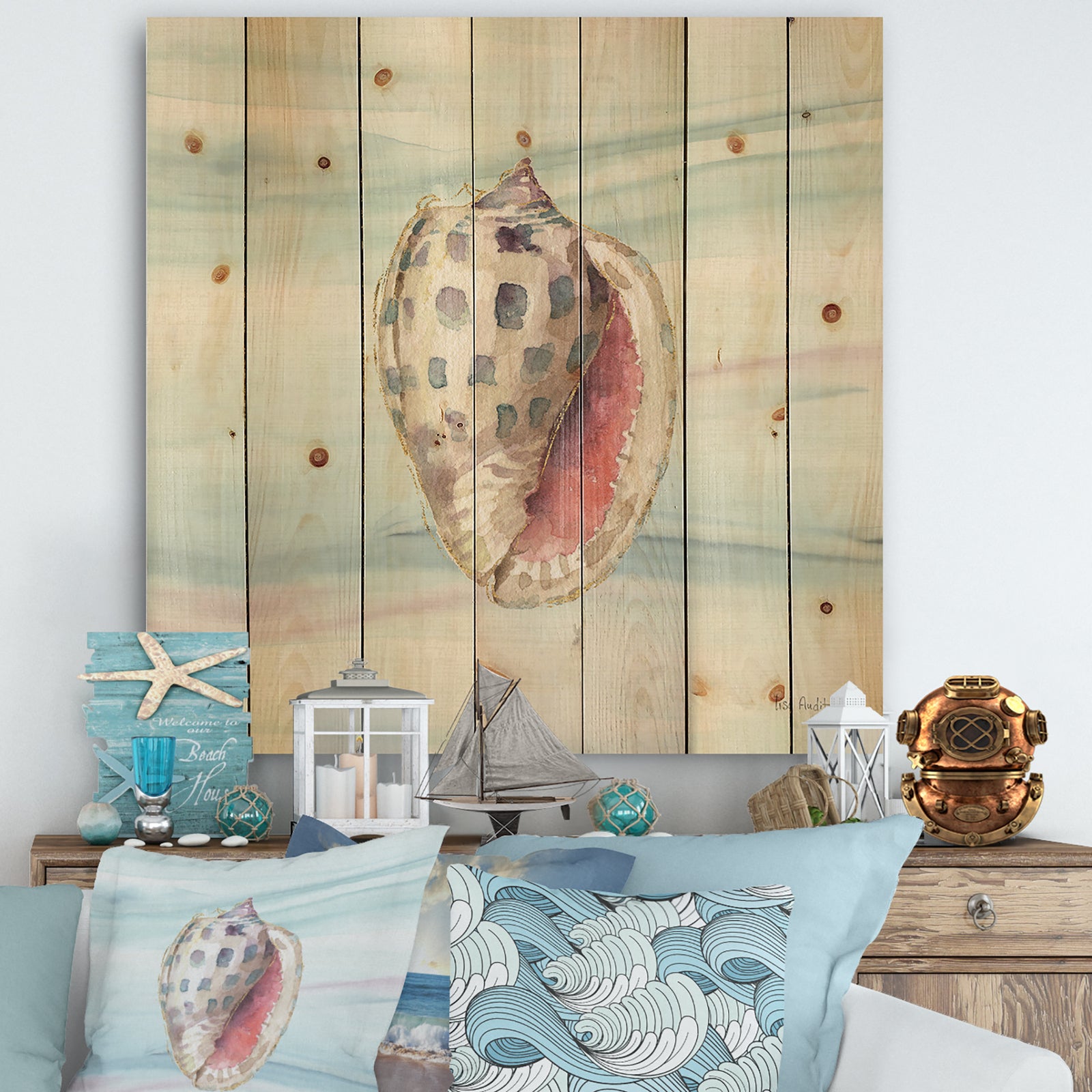Gilded Sea Horn Shell on Blue - Nautical & Coastal Print on Natural Pine Wood