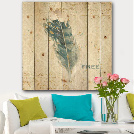Damask Painted Gilded Feather on Blue - Nautical & Coastal Print on Natural Pine Wood