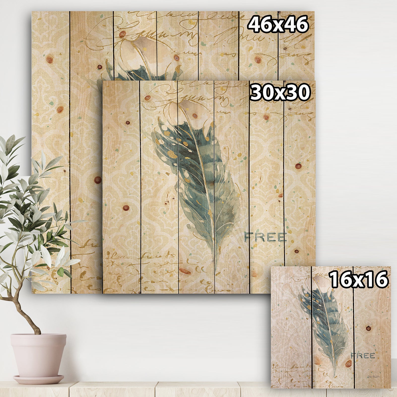 Damask Painted Gilded Feather on Blue - Nautical & Coastal Print on Natural Pine Wood