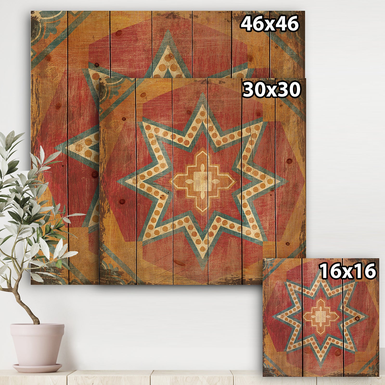 Moroccan Orange Tiles Collage I - Bohemian Chic Print on Natural Pine Wood