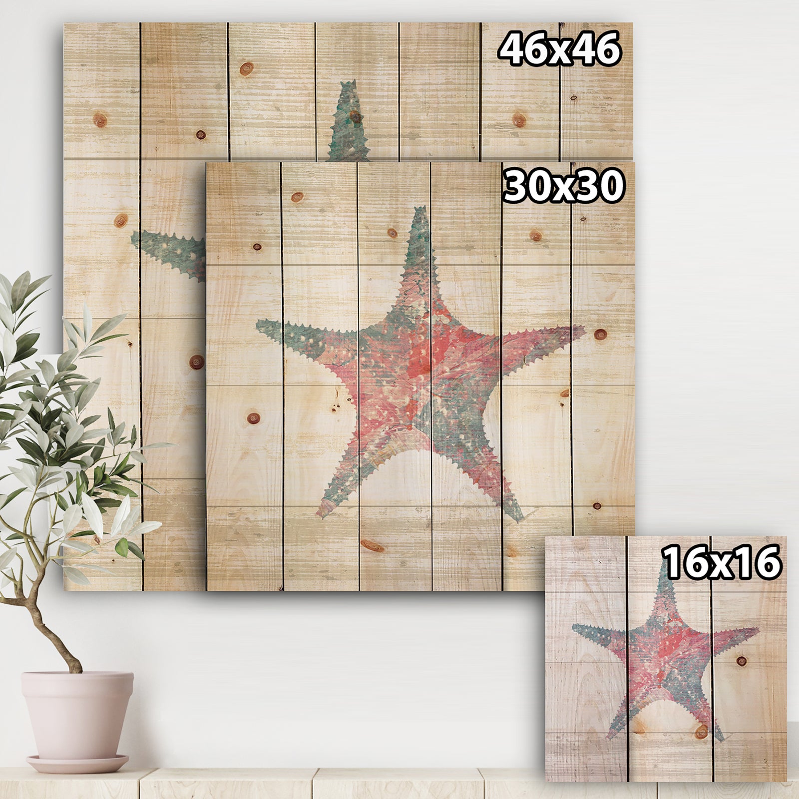 Pink Starfish Ocean Life - Nautical & Coastal Print on Natural Pine Wood