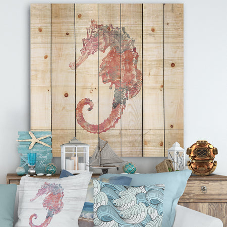 Pink seahorses Ocean Life - Nautical & Coastal Print on Natural Pine Wood