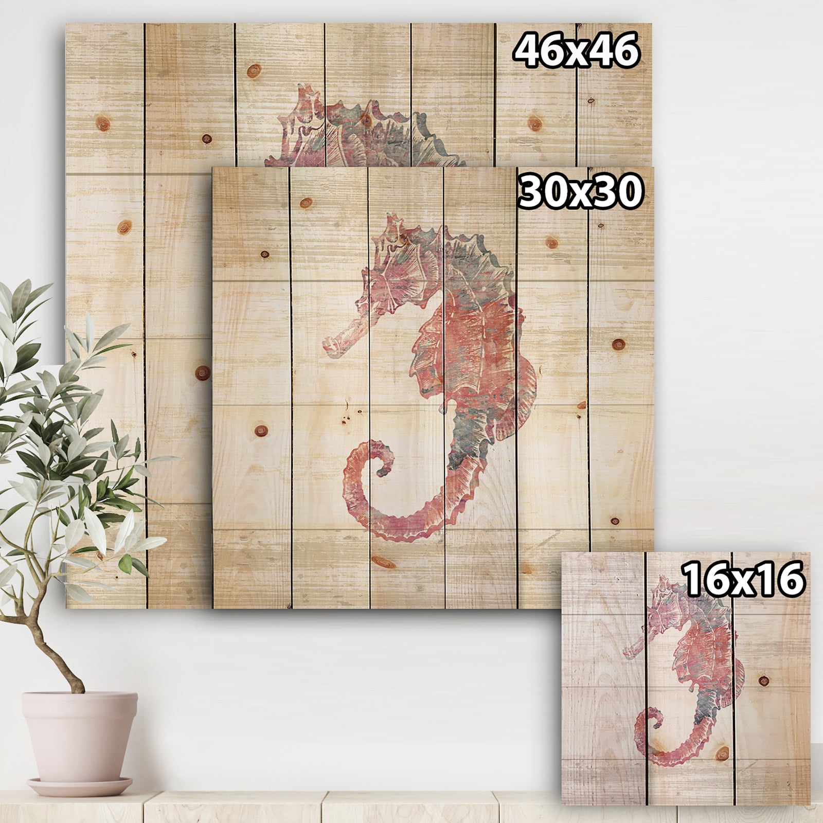 Pink seahorses Ocean Life - Nautical & Coastal Print on Natural Pine Wood